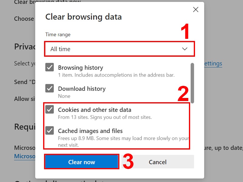 xóa cache và cookies trên trình duyệt